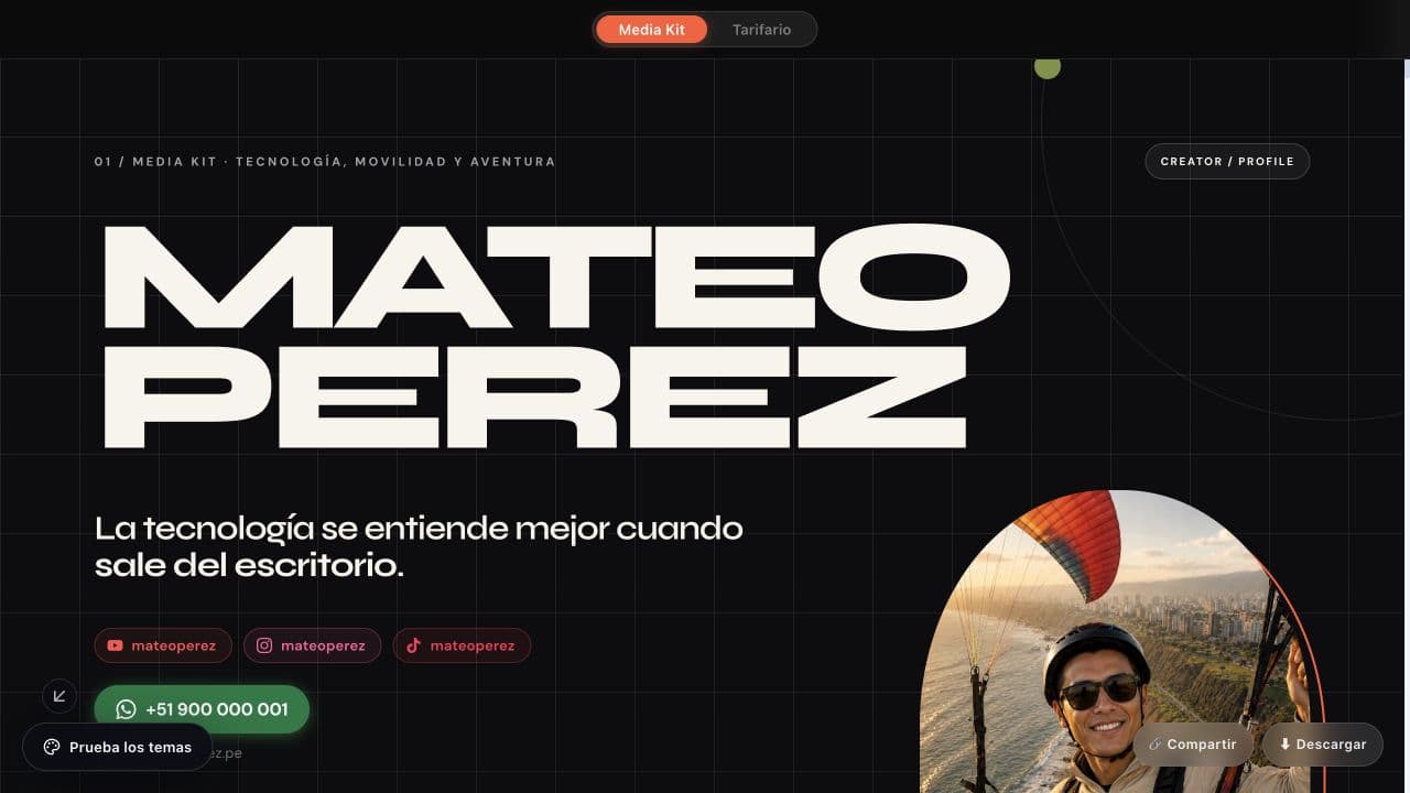 Media Kit de Mateo Perez con el tema Kinetic